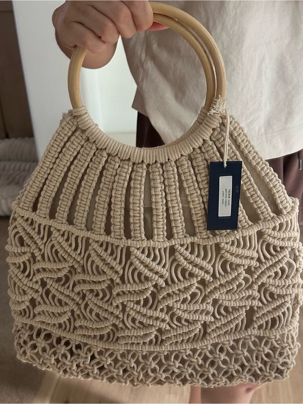 Hat Attack Cream Crochet Hobo Bag with Wooden Ring-Handle - Picture 3 of 6
